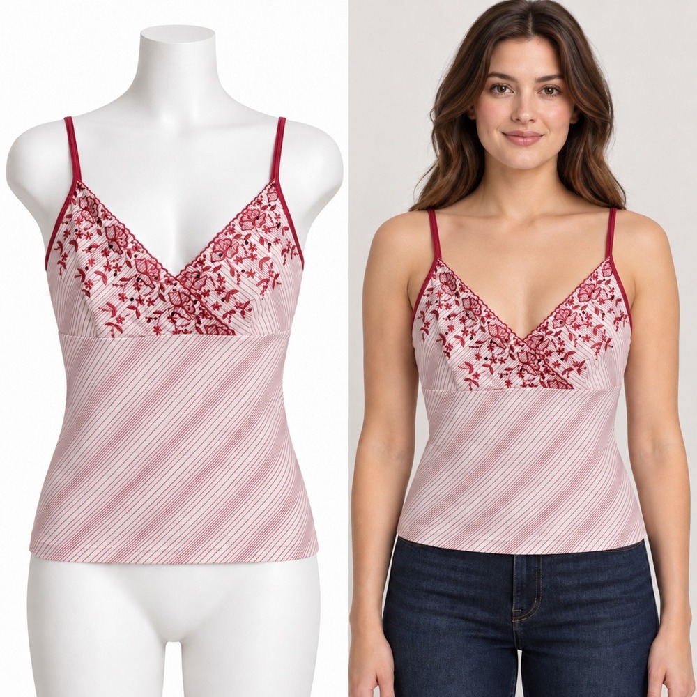 Express Cami Top Women XS Red White Striped Floral Embroidered Beaded Y2K V-Neck